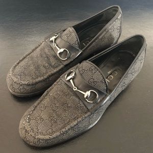 Gucci GG Black Gray Denim Leather Horsebit Loafers